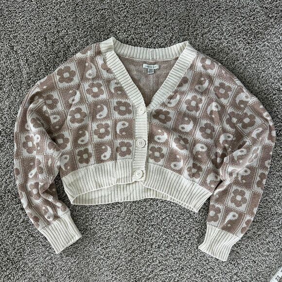 American Eagle Brown Cream Floral Cropped Cardigan Sweater M - Picture 4 of 6